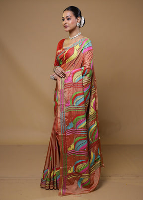 Rust Kantha Stitch Silk Saree With Blouse Piece