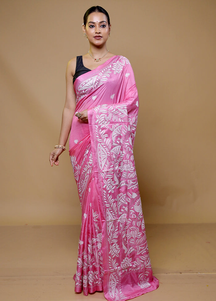 Pink Kantha Stitch Silk Saree With Blouse Piece