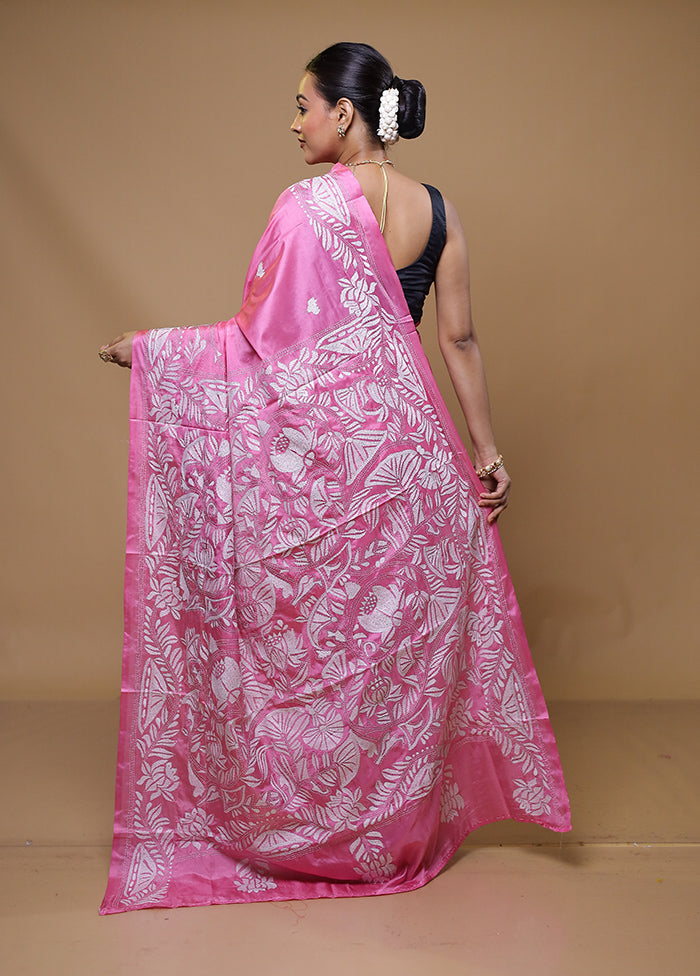 Pink Kantha Stitch Silk Saree With Blouse Piece