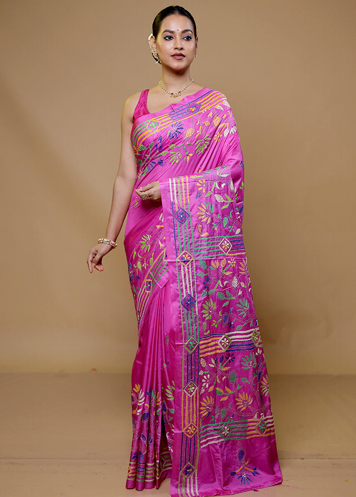 Pink Kantha Stitch Silk Saree With Blouse Piece