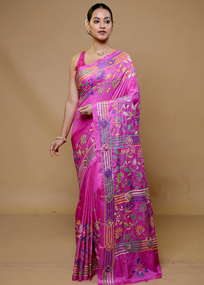 Pink Kantha Stitch Silk Saree With Blouse Piece