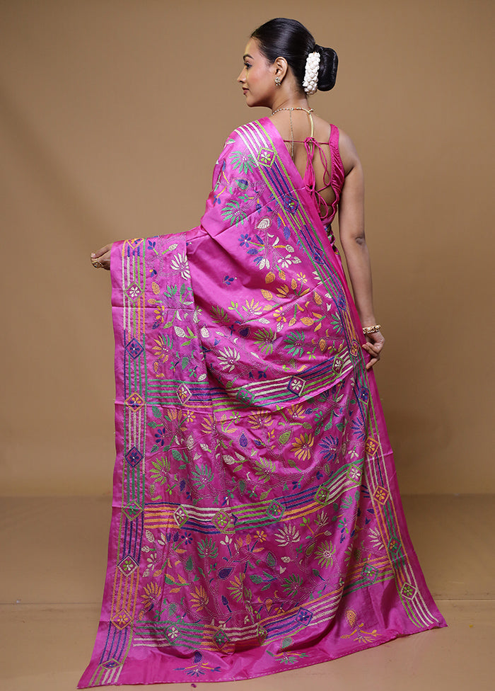 Pink Kantha Stitch Silk Saree With Blouse Piece