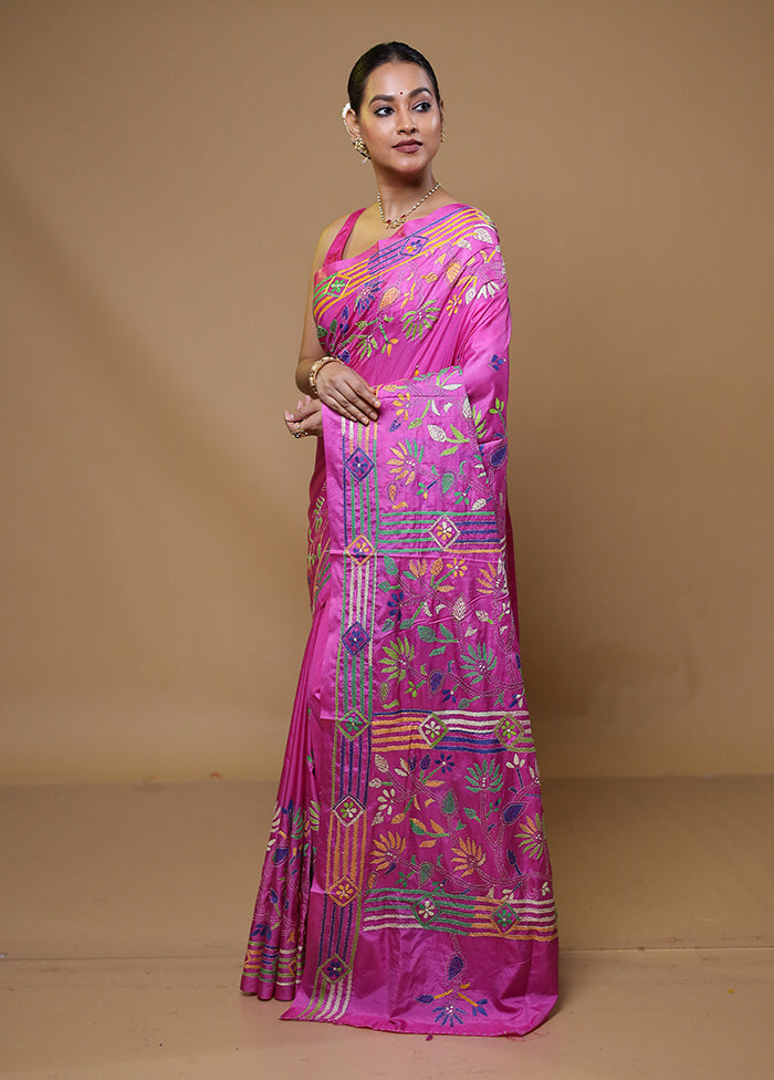 Pink Kantha Stitch Silk Saree With Blouse Piece