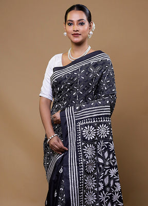 Black Kantha Stitch Silk Saree With Blouse Piece