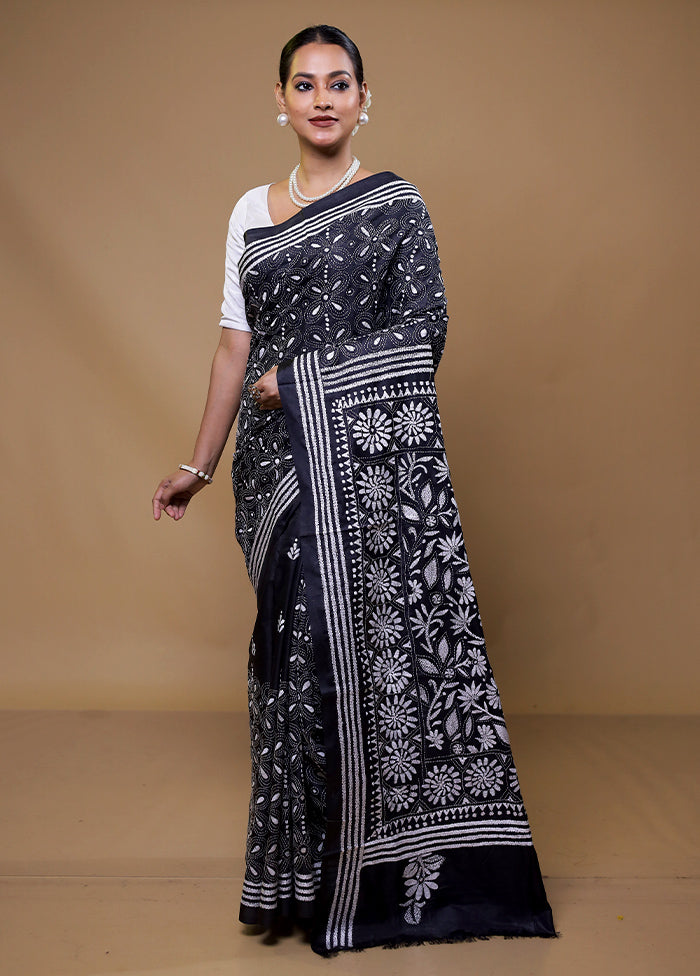 Black Kantha Stitch Silk Saree With Blouse Piece