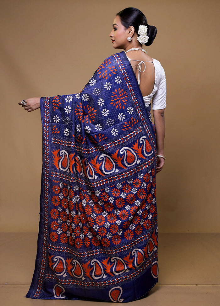 Blue Kantha Stitch Silk Saree With Blouse Piece