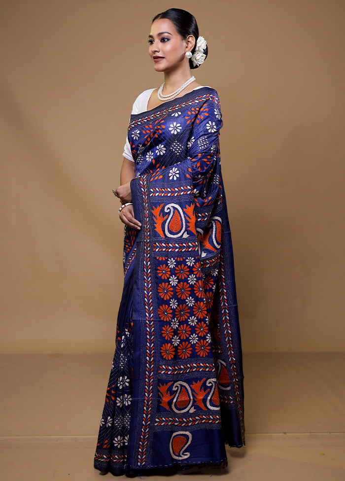 Blue Kantha Stitch Silk Saree With Blouse Piece