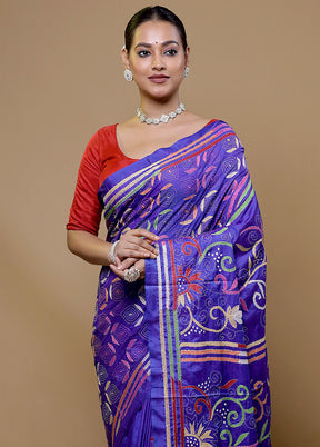 Purple Kantha Stitch Silk Saree With Blouse Piece