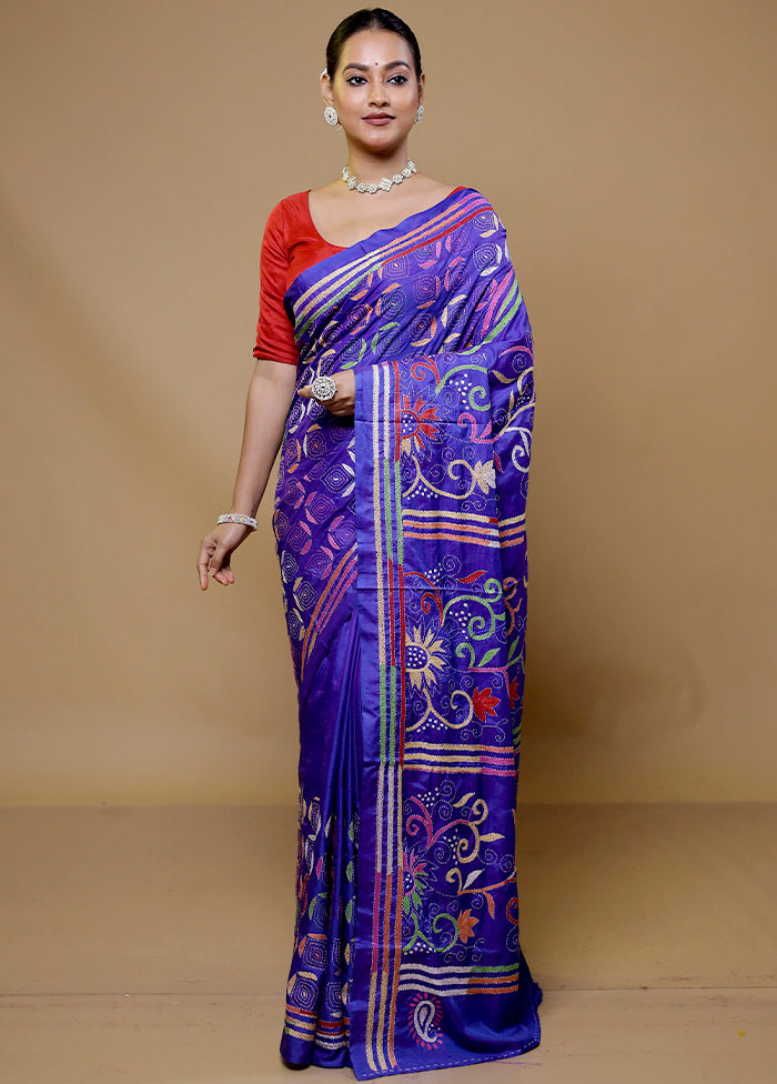 Purple Kantha Stitch Silk Saree With Blouse Piece