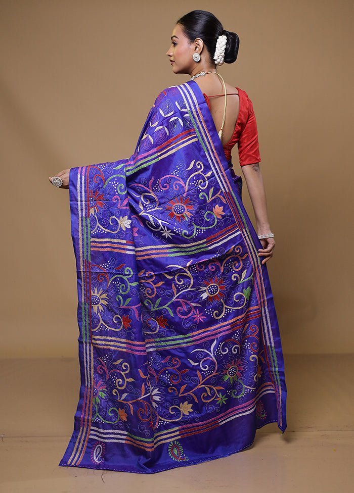 Purple Kantha Stitch Silk Saree With Blouse Piece