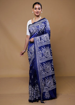 Blue Kantha Stitch Silk Saree With Blouse Piece