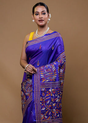 Blue Kantha Stitch Silk Saree With Blouse Piece