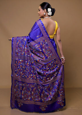 Blue Kantha Stitch Silk Saree With Blouse Piece