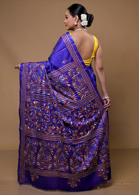 Blue Kantha Stitch Silk Saree With Blouse Piece