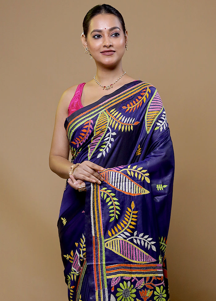 Blue Kantha Stitch Silk Saree With Blouse Piece