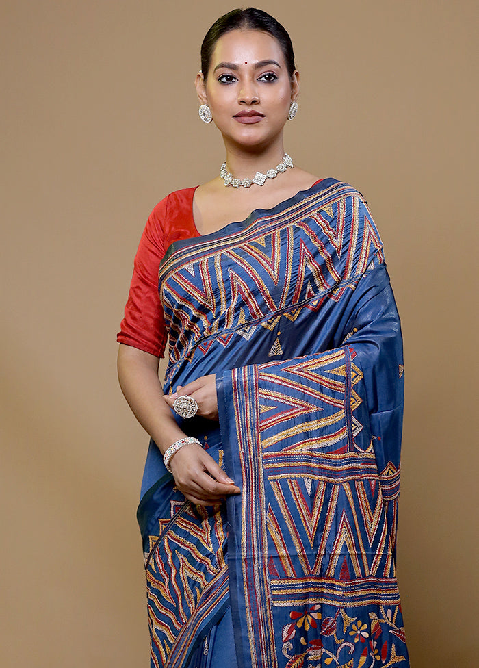 Blue Kantha Stitch Silk Saree With Blouse Piece