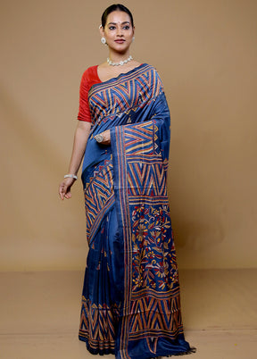 Blue Kantha Stitch Silk Saree With Blouse Piece