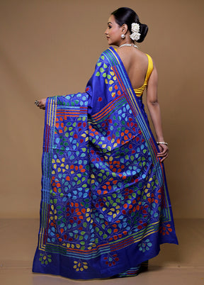 Blue Kantha Stitch Silk Saree With Blouse Piece