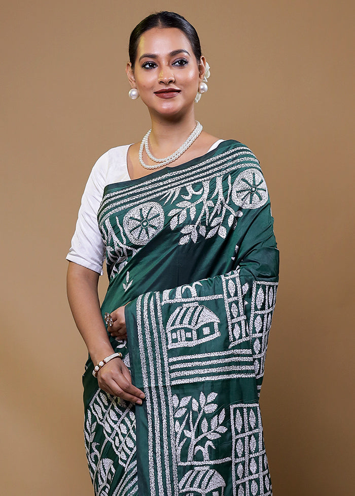 Green Kantha Stitch Silk Saree With Blouse Piece