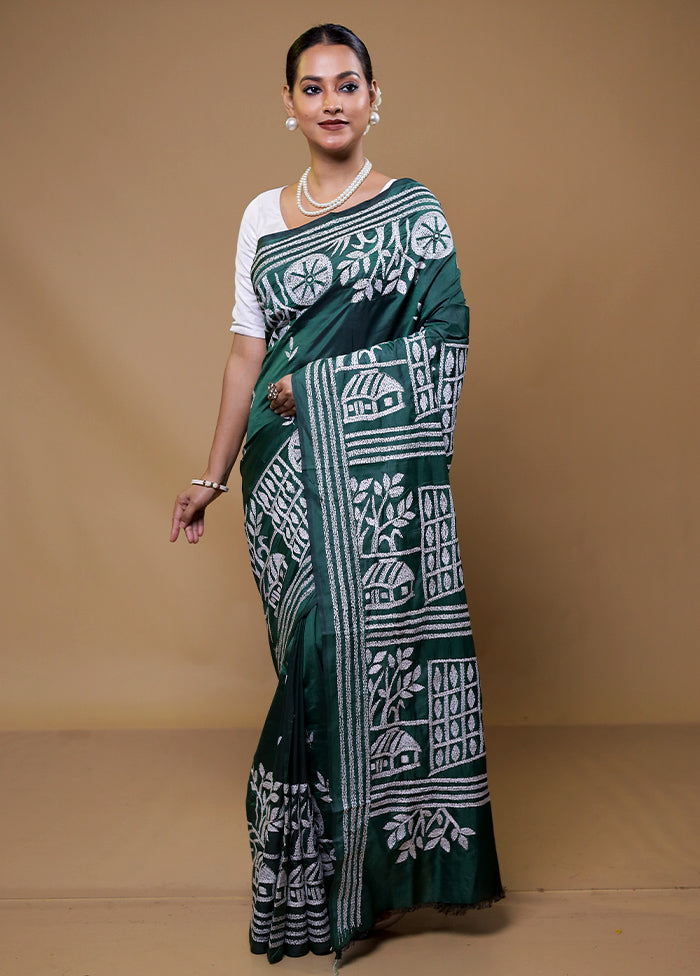 Green Kantha Stitch Silk Saree With Blouse Piece