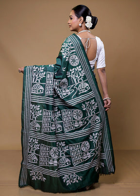 Green Kantha Stitch Silk Saree With Blouse Piece