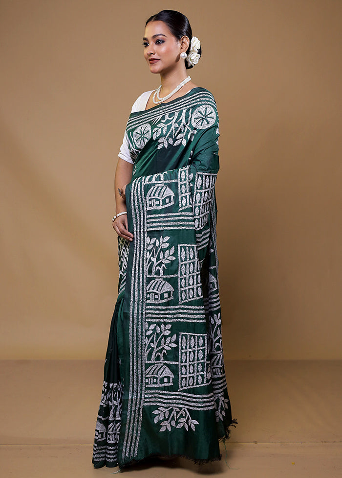 Green Kantha Stitch Silk Saree With Blouse Piece