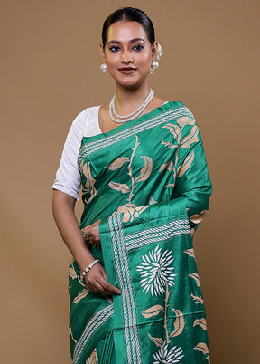 Green Kantha Stitch Silk Saree With Blouse Piece