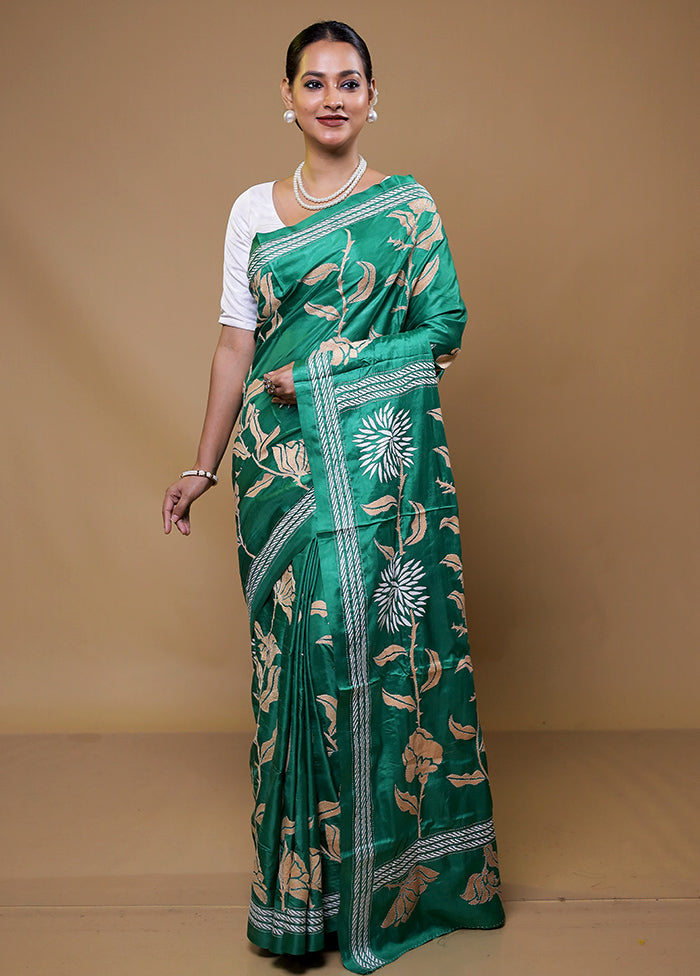 Green Kantha Stitch Silk Saree With Blouse Piece