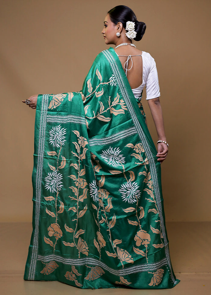 Green Kantha Stitch Silk Saree With Blouse Piece