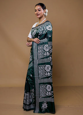 Green Kantha Stitch Silk Saree With Blouse Piece