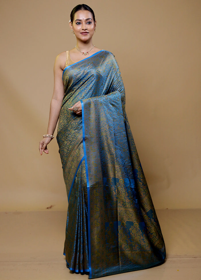 Blue Jamewar Silk Saree With Blouse Piece