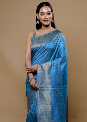 Blue Tussar Silk Saree With Blouse Piece