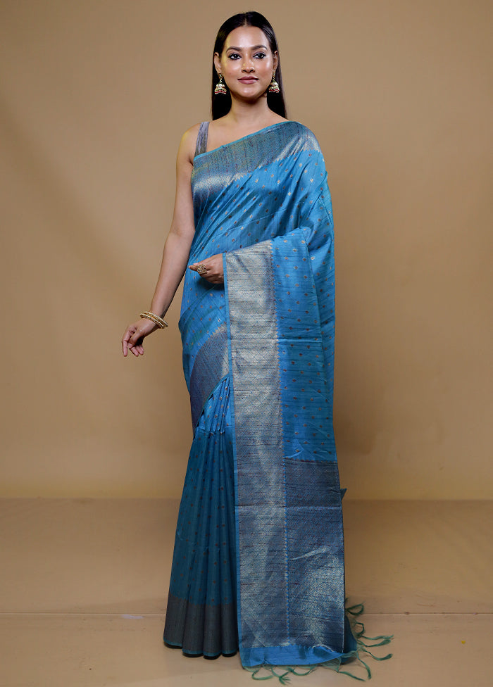 Blue Tussar Silk Saree With Blouse Piece