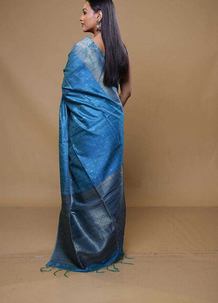 Blue Tussar Silk Saree With Blouse Piece