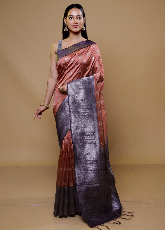 Rust Tussar Silk Saree With Blouse Piece