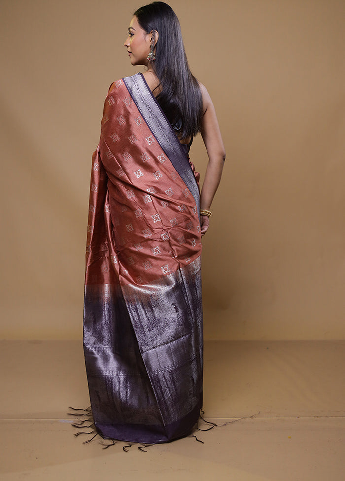 Rust Tussar Silk Saree With Blouse Piece