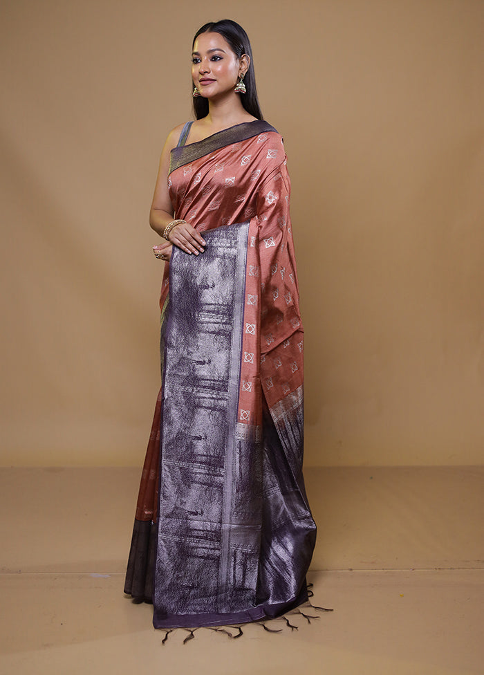 Rust Tussar Silk Saree With Blouse Piece