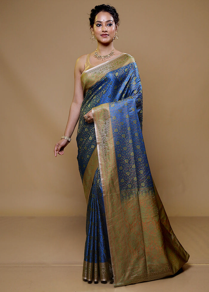 Blue Jamewar Silk Saree With Blouse Piece