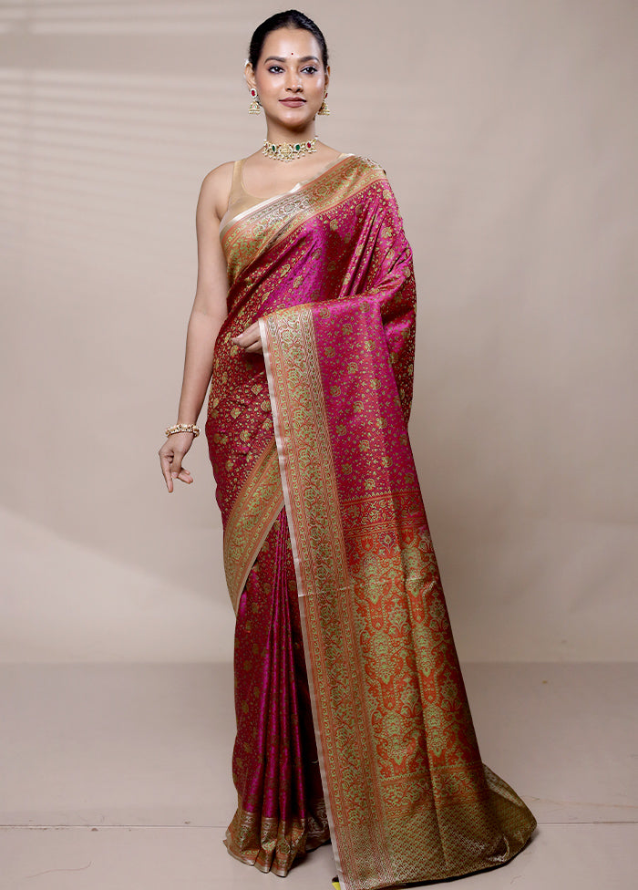 Pink Jamewar Silk Saree With Blouse Piece