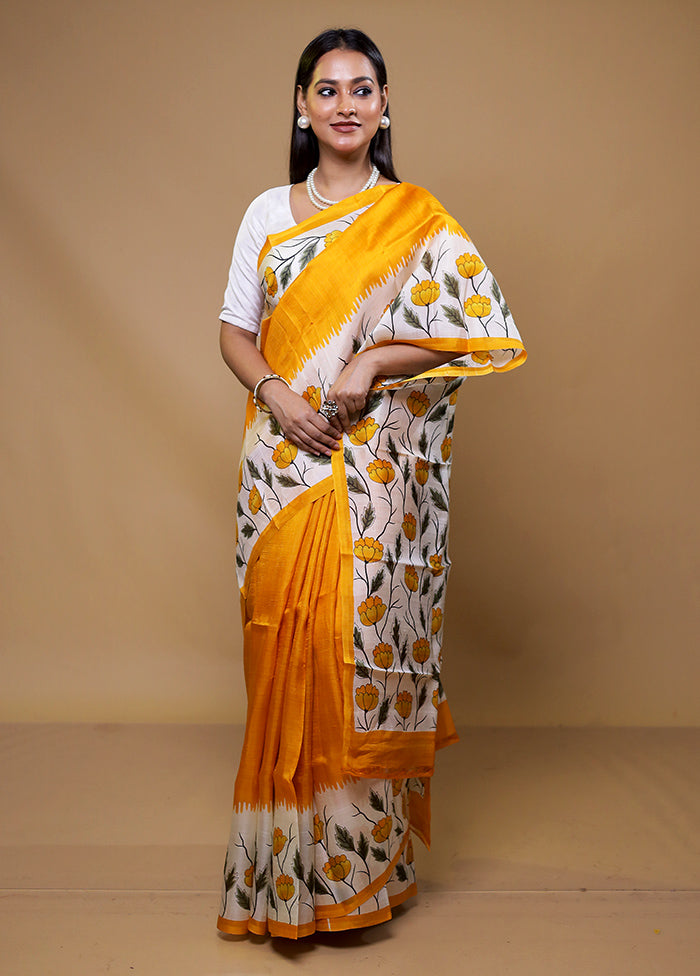 Yellow Printed Pure Silk Saree Without Blouse Piece