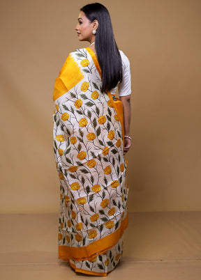 Yellow Printed Pure Silk Saree Without Blouse Piece