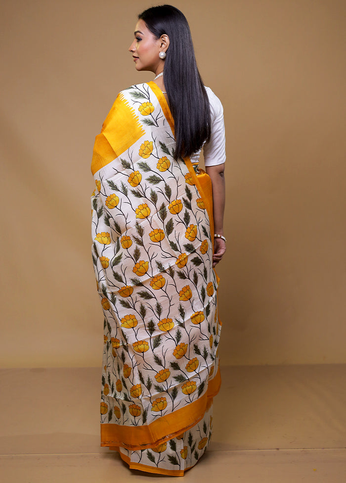 Yellow Printed Pure Silk Saree Without Blouse Piece