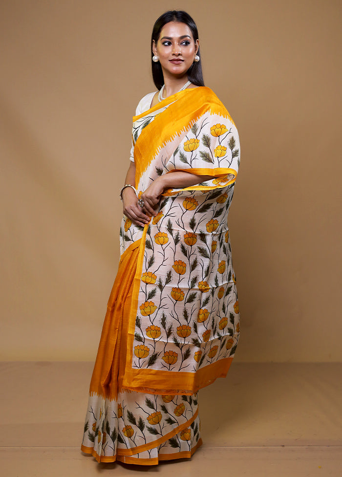 Yellow Printed Pure Silk Saree Without Blouse Piece