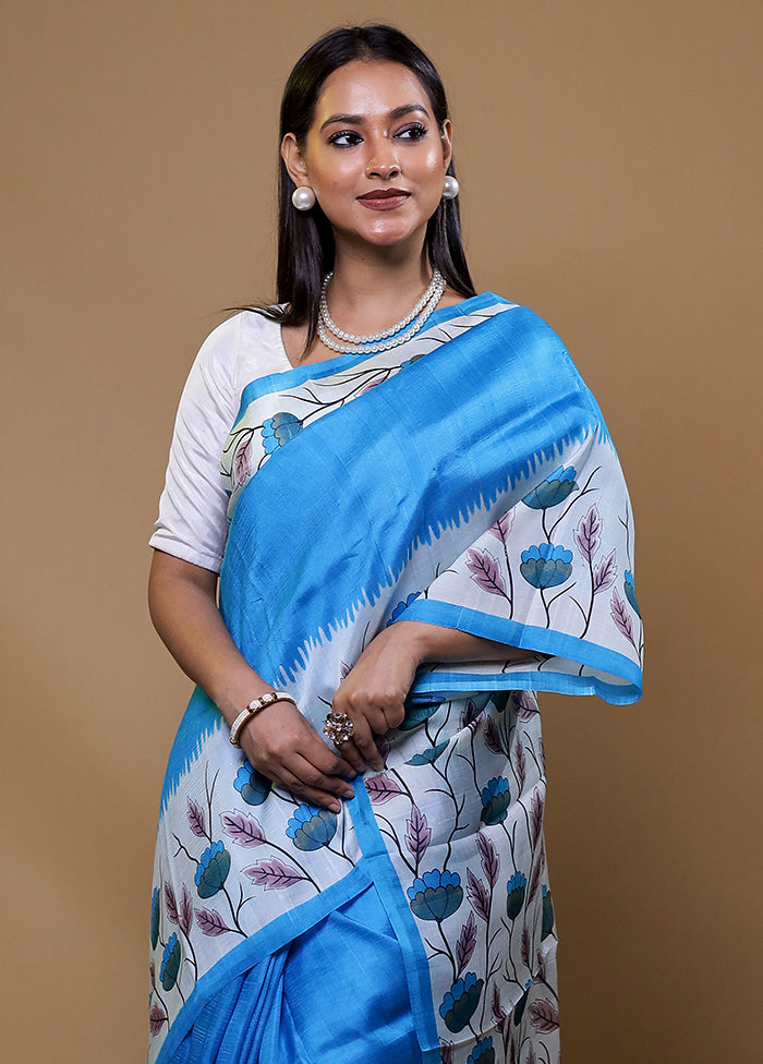 Blue Printed Pure Silk Saree Without Blouse Piece