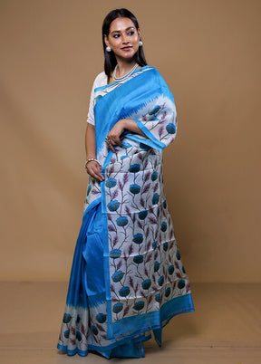 Blue Printed Pure Silk Saree Without Blouse Piece