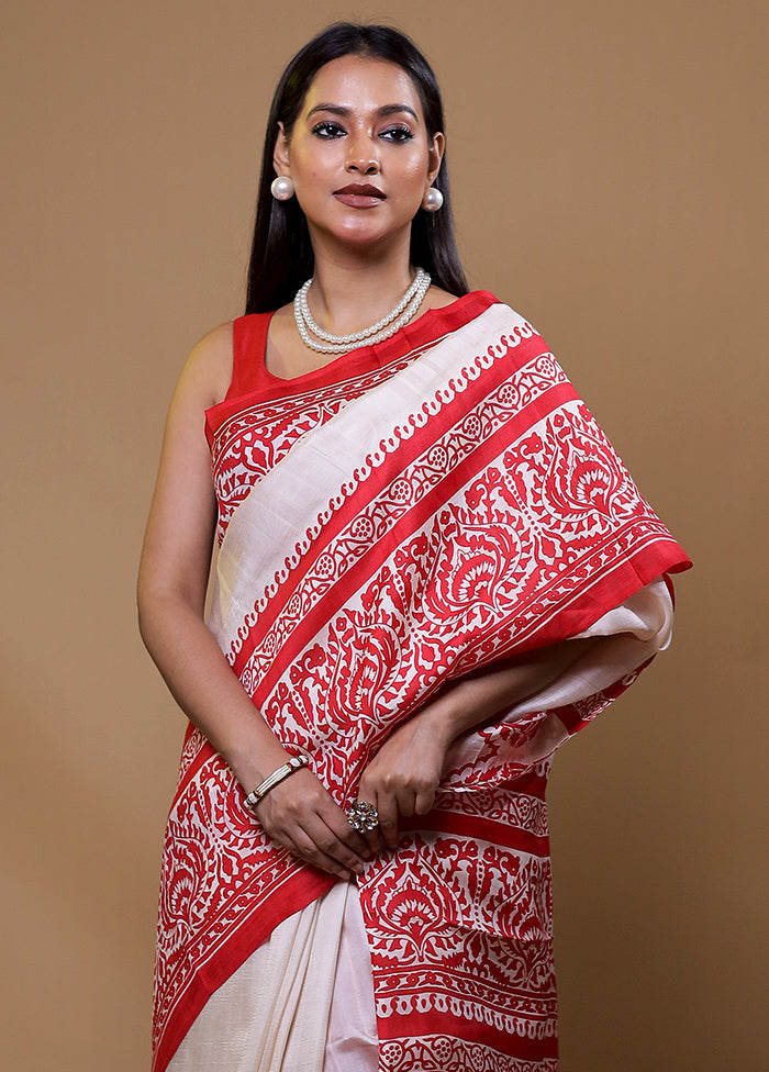 Cream Printed Pure Silk Saree Without Blouse Piece