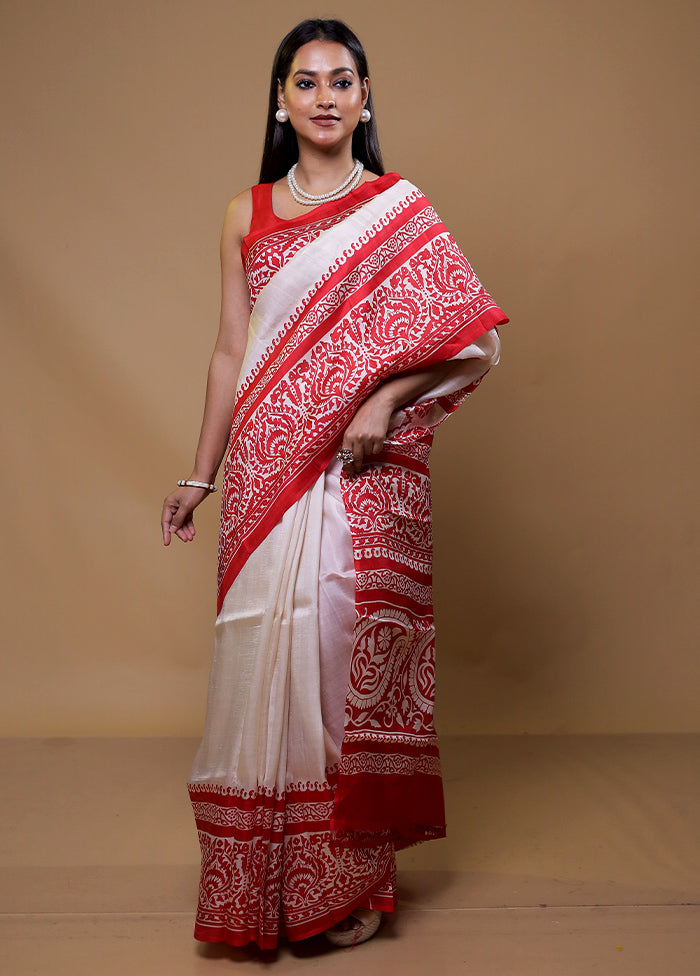 Cream Printed Pure Silk Saree Without Blouse Piece