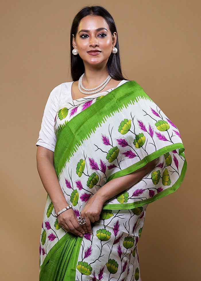 White Printed Pure Silk Saree Without Blouse Piece