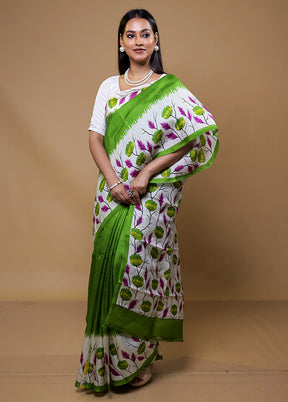 White Printed Pure Silk Saree Without Blouse Piece