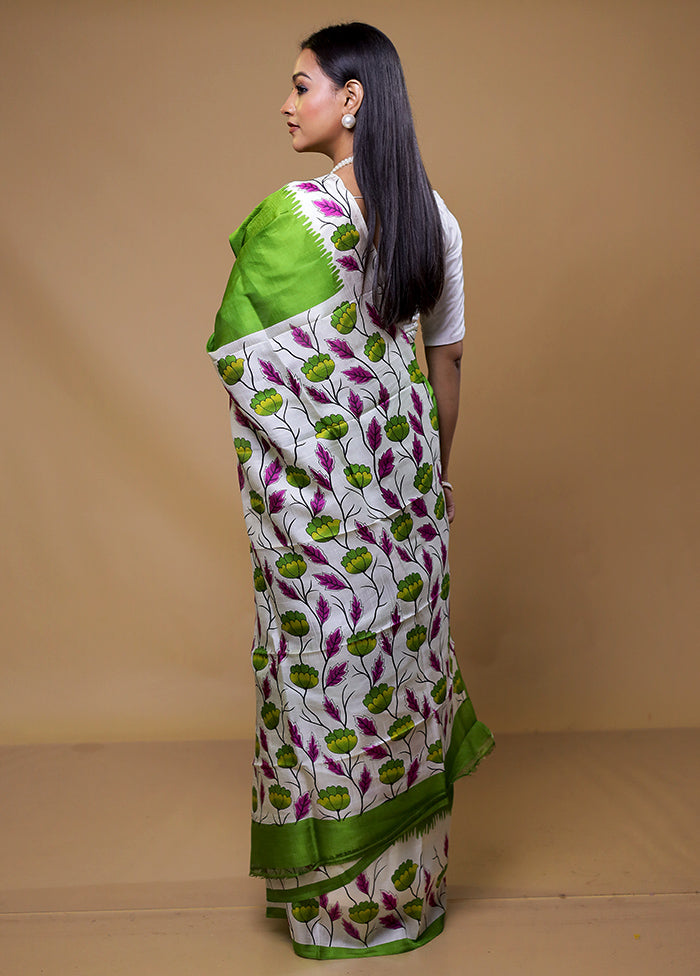 White Printed Pure Silk Saree Without Blouse Piece